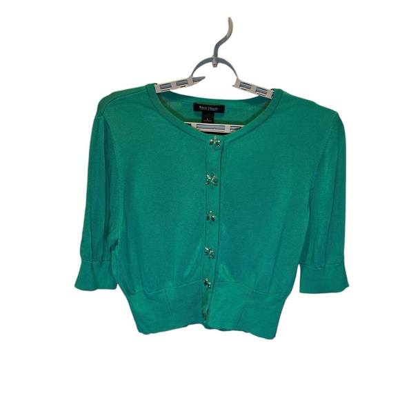 NEW 🤩 White Black Women's Cropped Green Sweater, Sz L . - Picture 2 of 6